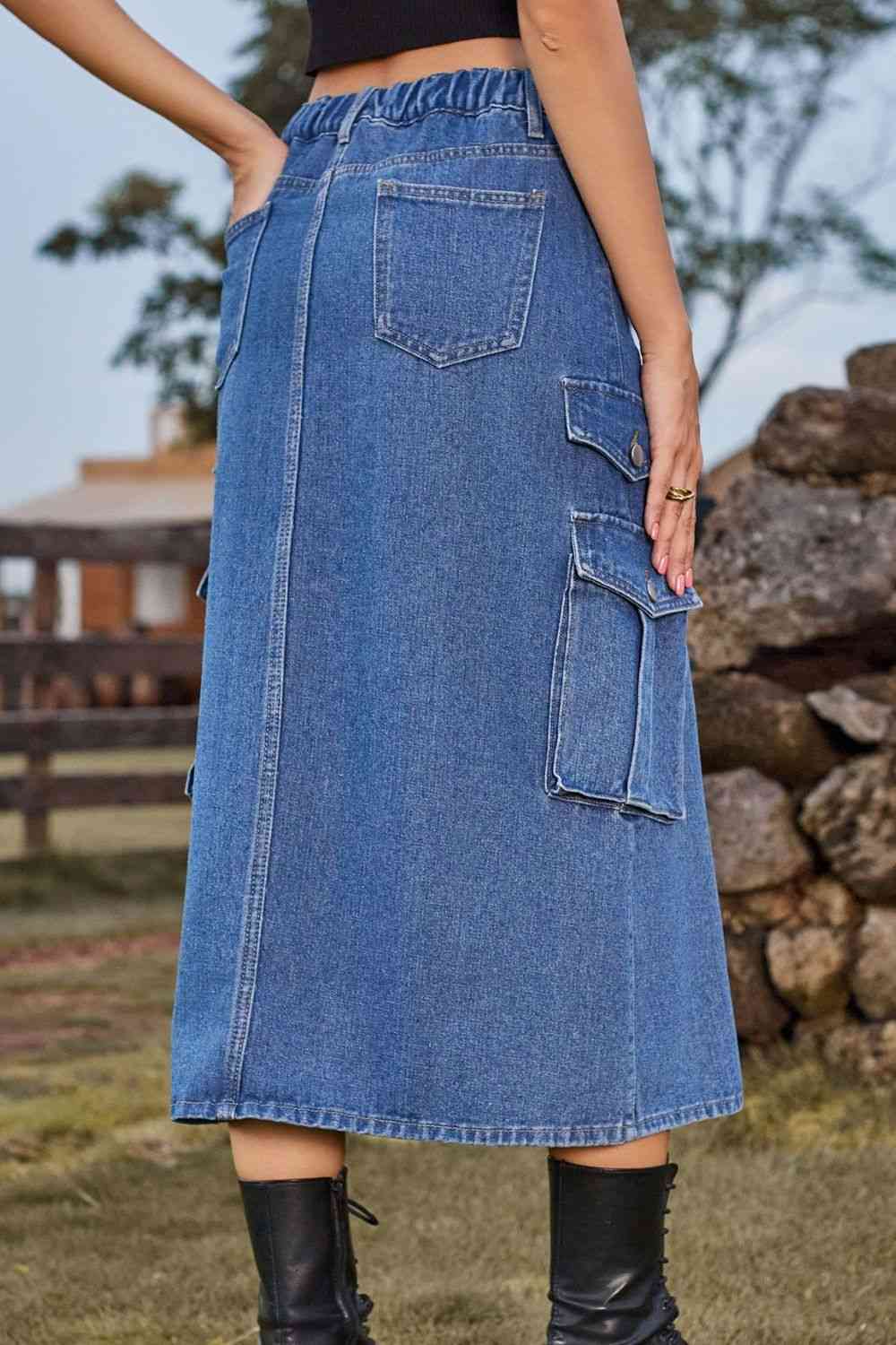 Slit Front Midi Denim Skirt with Pockets for a perfect OOTD – dress to impress outfits from Amexza