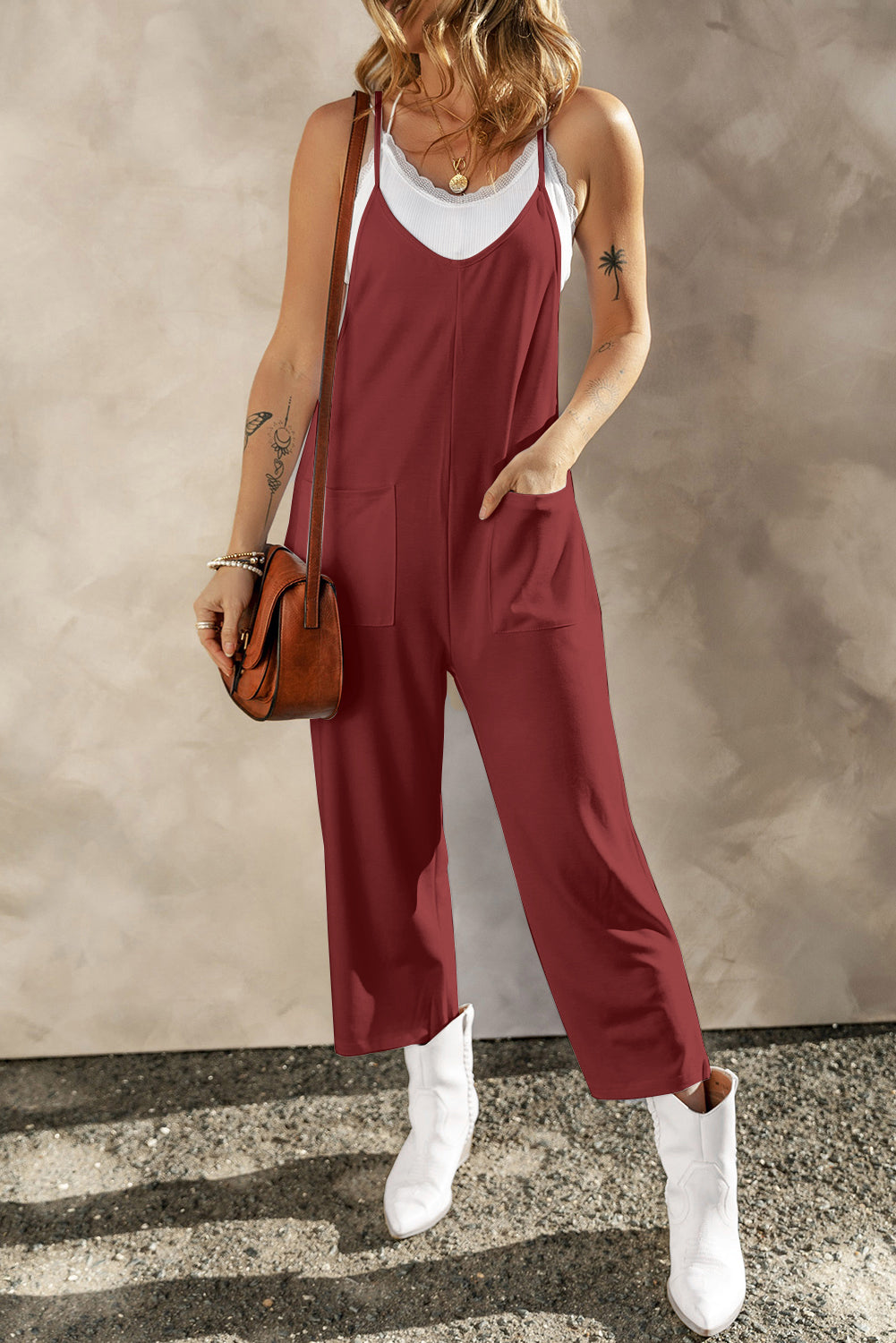 Pocketed Spaghetti Strap Wide Leg Jumpsuit Burgundy for a perfect OOTD – dress to impress outfits from Amexza