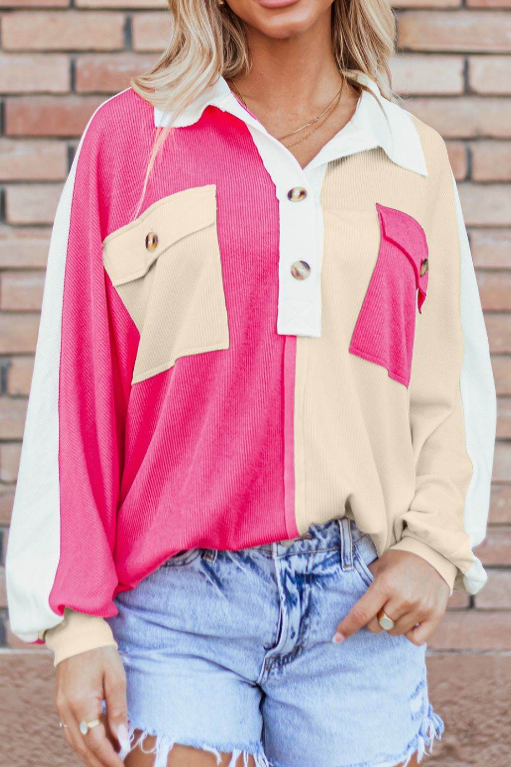 Color Block Collared Neck Long Sleeve Sweatshirt - Amexza