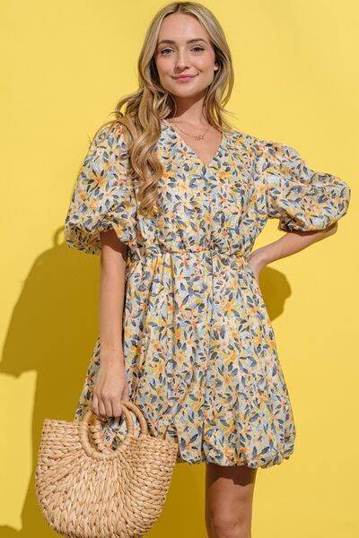Full Size Floral Surplice Puff Sleeve Dress for a perfect OOTD – dress to impress outfits from Amexza