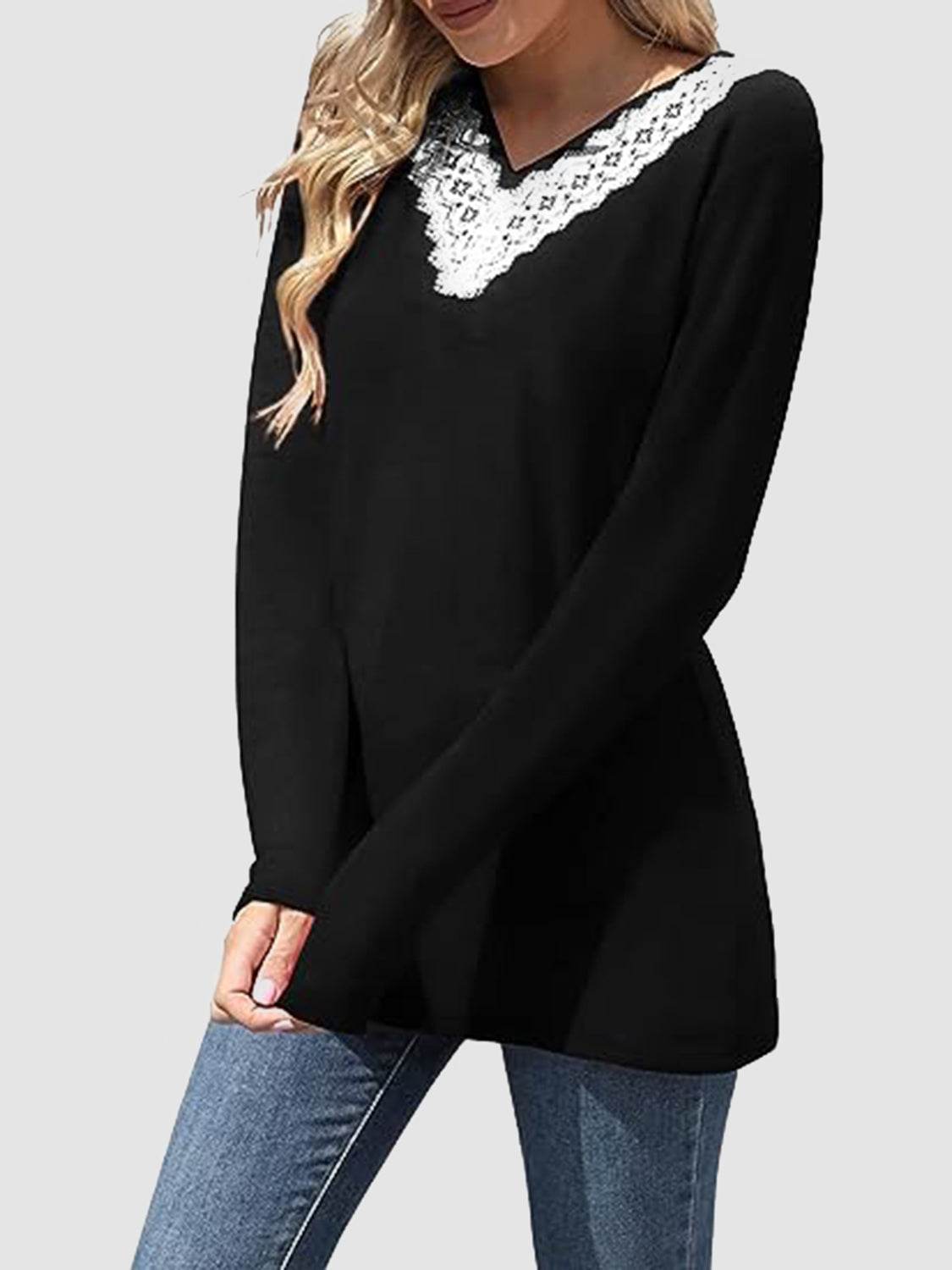 Lace Detail V-Neck Long Sleeve T-Shirt for a perfect OOTD – dress to impress outfits from Amexza