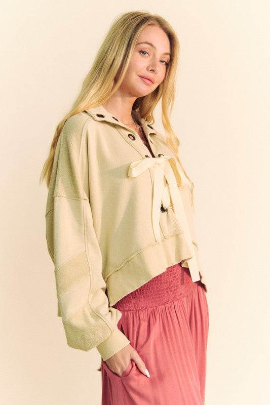 Davi & Dani Lace Up Exposed Seam French Terry Top for a perfect OOTD – dress to impress outfits from Amexza