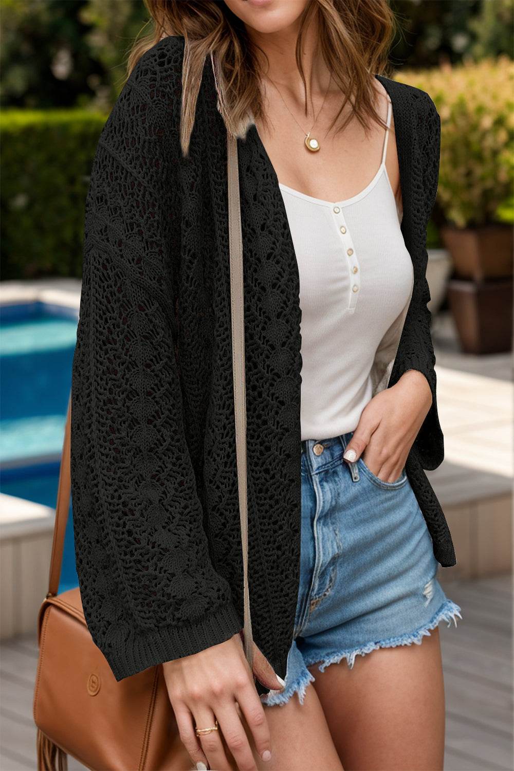 Openwork Open Front Dropped Shoulder Cardigan - Amexza