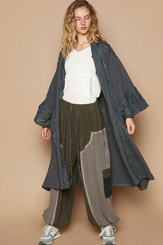 POL Flower Lace Trim Open Front Longline Cardigan for a perfect OOTD – dress to impress outfits from Amexza