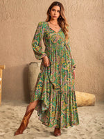 Printed Tie Neck Long Sleeve Dress - Amexza
