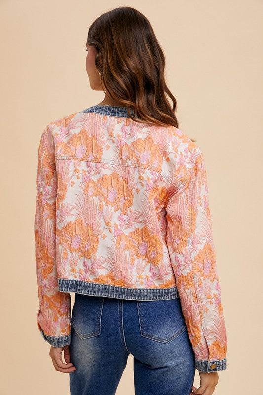 Annie Wear Floral Jacquard Denim Contrast Button Down Jacket for a perfect OOTD – dress to impress outfits from Amexza