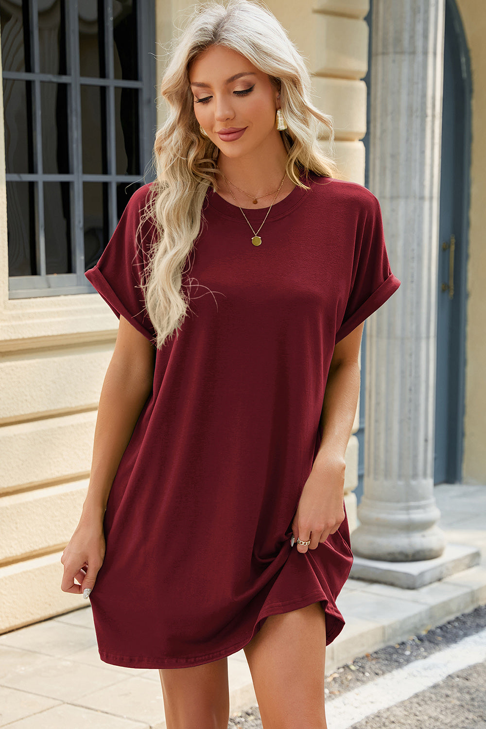 Round Neck Rolled Short Sleeve Tee Dress - Burgundy / S