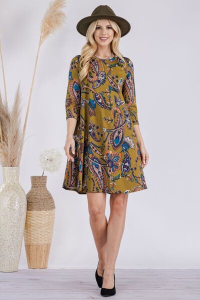 Celeste Full Size Paisley Print Round Neck Dress with Pockets Olive Paisley for a perfect OOTD – dress to impress outfits from Amexza