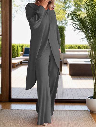 Full Size Slit Round Neck Long Sleeve Top and Pants Set Dark Gray for a perfect OOTD – dress to impress outfits from Amexza