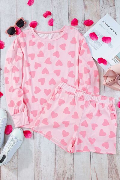 Heart Print Round Neck Top and Shorts Lounge Set for a perfect OOTD – dress to impress outfits from Amexza