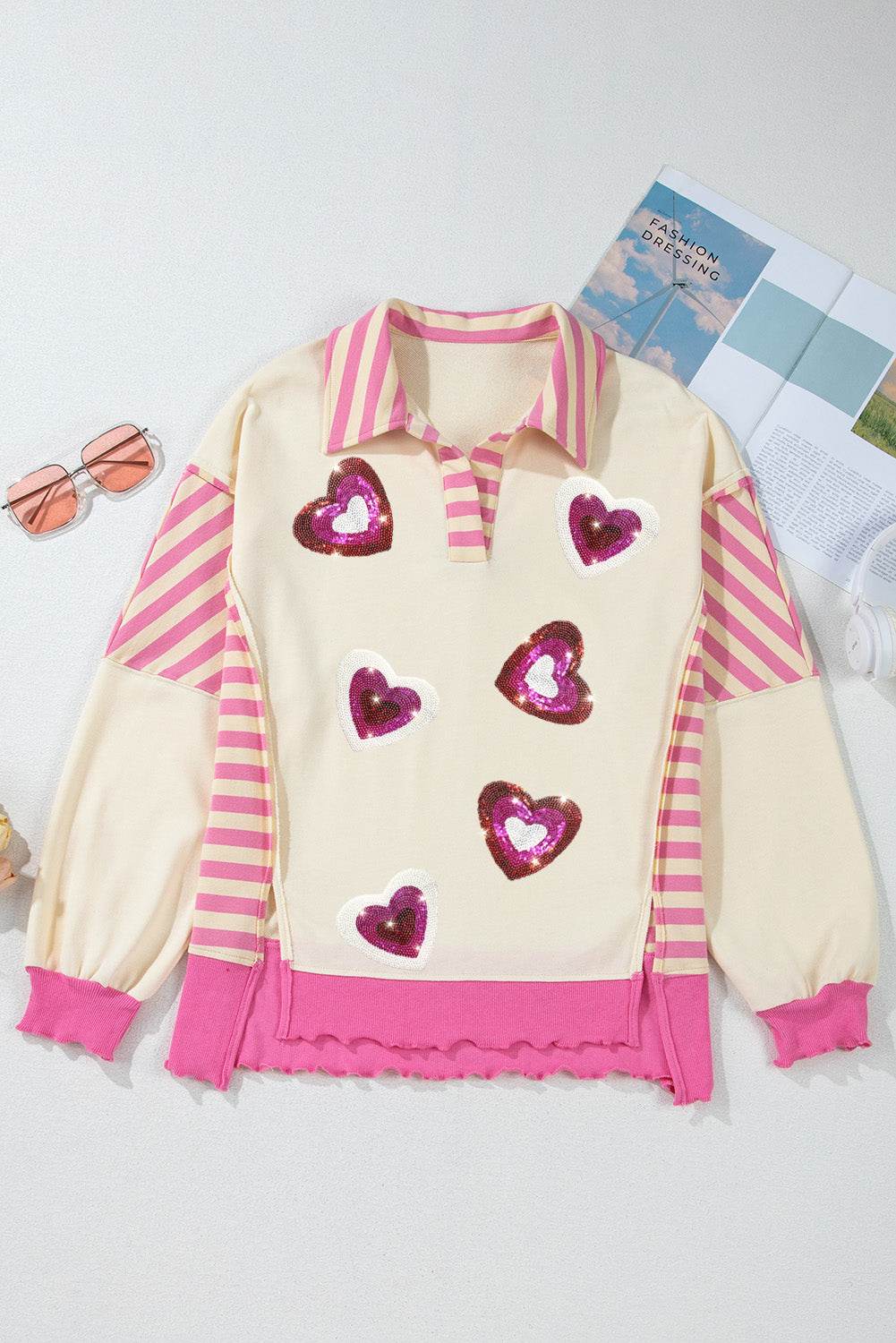 Valentine’s Day Sequin Heart Pattern Long Sleeve Sweatshirt for a perfect OOTD – dress to impress outfits from Amexza