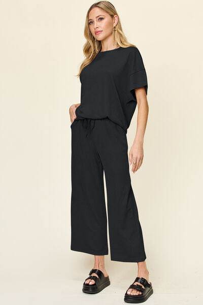 Double Take Full Size Texture Round Neck Short Sleeve T-Shirt and Wide Leg Pants for a perfect OOTD – dress to impress outfits from Amexza