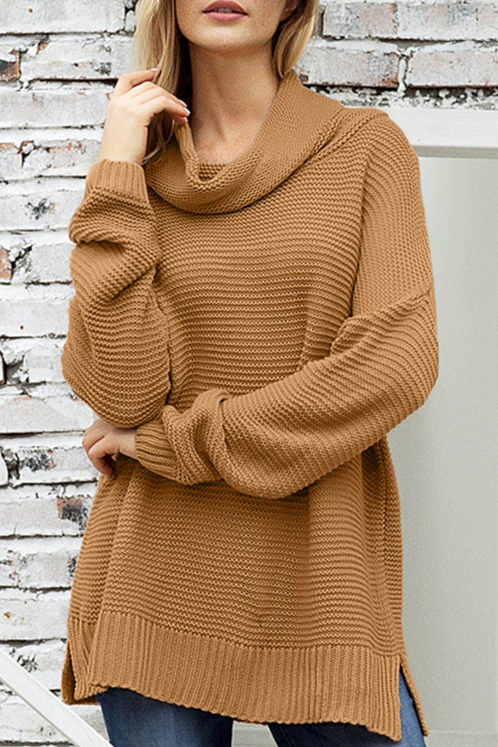 Side Slit Turtleneck Long Sleeve Sweater Caramel for a perfect OOTD – dress to impress outfits from Amexza