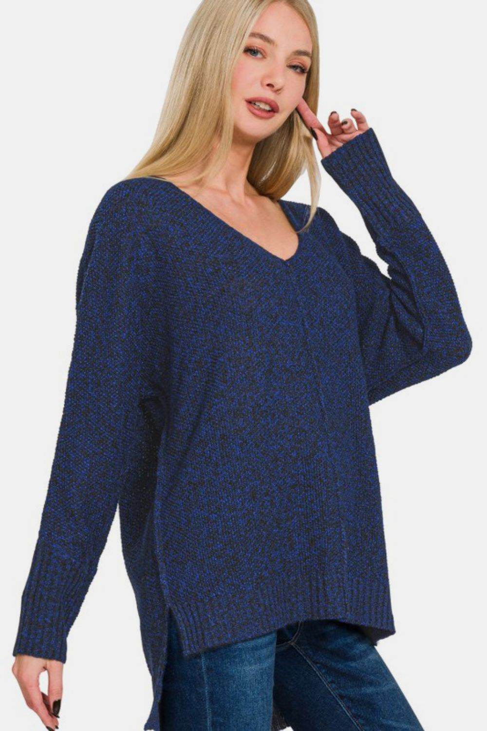 Zenana High-Low Center Seam V-Neck Sweater for a perfect OOTD – dress to impress outfits from Amexza