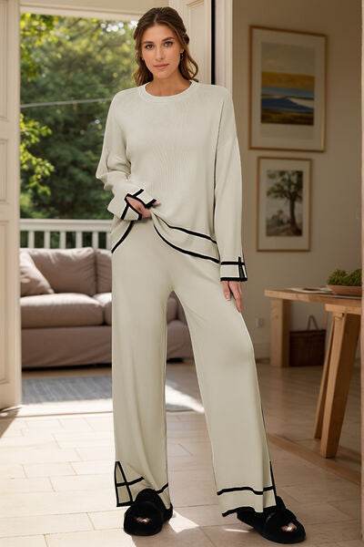 High-Low Round Neck Top and Pants Sweater Set Cream One Size for a perfect OOTD – dress to impress outfits from Amexza