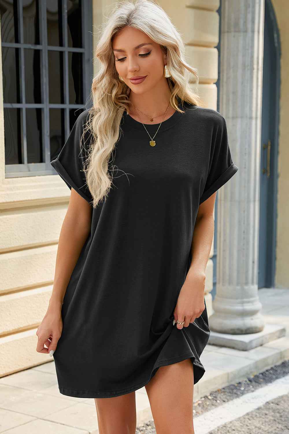 Round Neck Rolled Short Sleeve Tee Dress - Black / S