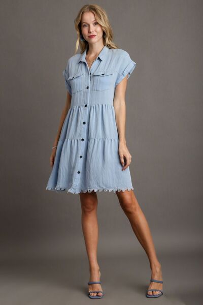 Umgee Frayed Hemline Button Down Shirt Dress Light Blue for a perfect OOTD – dress to impress outfits from Amexza