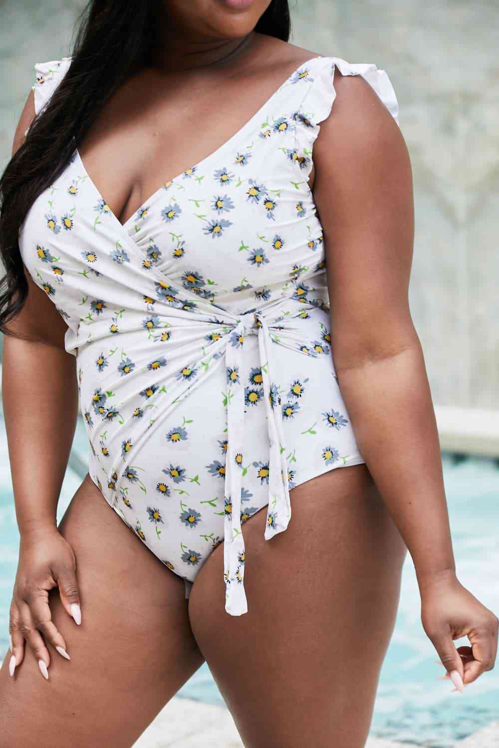 Marina West Swim Float On Ruffle Faux Wrap One-Piece in Daisy Cream for a perfect OOTD – dress to impress outfits from Amexza