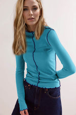 Basic Bae Contrast Trim Mock Neck Long Sleeve T-Shirt Royal Blue for a perfect OOTD – dress to impress outfits from Amexza