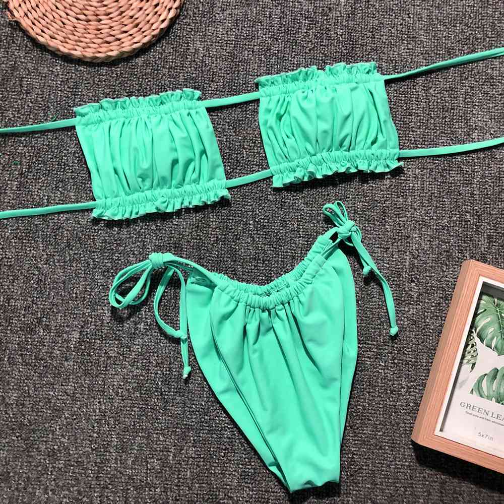 Frill Trim Ruched Bikini Set Neon Green for a perfect OOTD – dress to impress outfits from Amexza