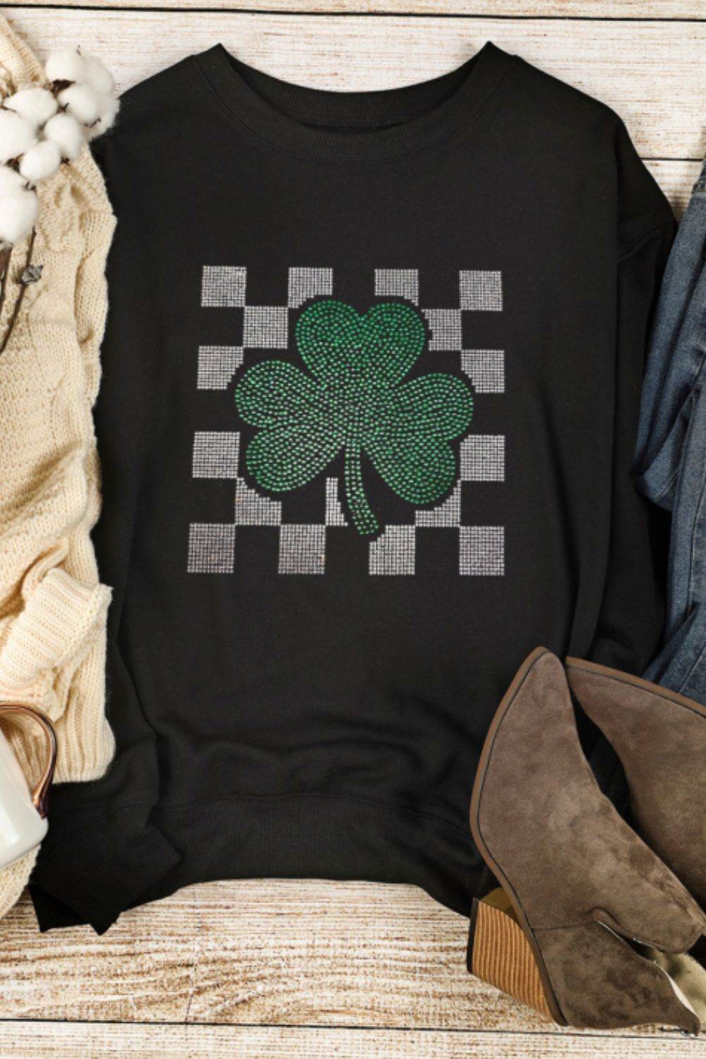 Rhinestone Checkered Lucky Clover Round Neck Sweatshirt - Amexza