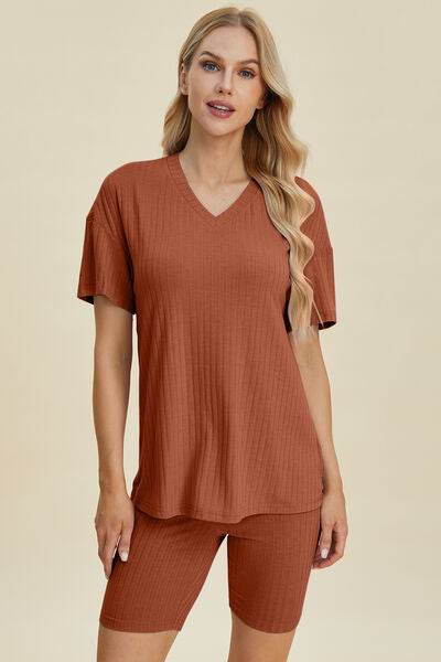 Basic Bae Full Size Ribbed V-Neck Short Sleeve Top and Shorts Set Caramel for a perfect OOTD – dress to impress outfits from Amexza