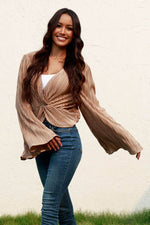 Twisted Smocked Flare Sleeve Cropped Top - Amexza