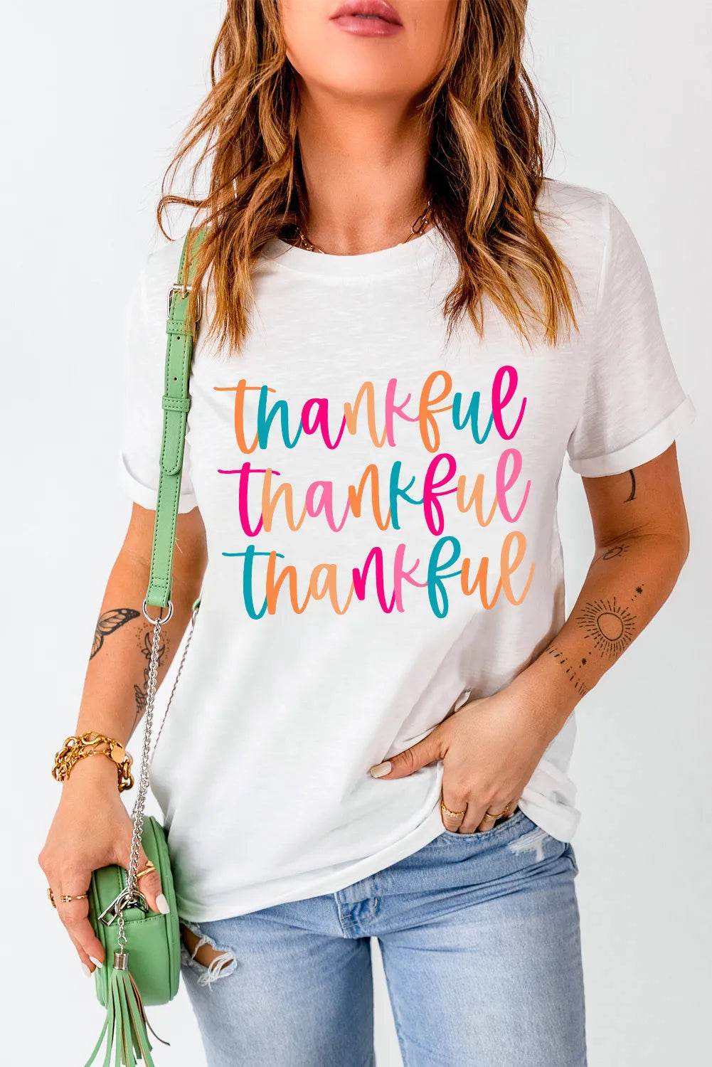 Full Size THANKFUL Round Neck Short Sleeve T-Shirt for a perfect OOTD – dress to impress outfits from Amexza