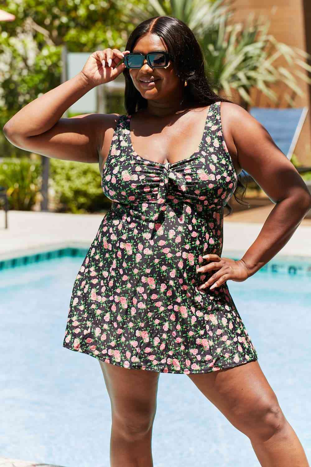 Marina West Swim Full Size Clear Waters Swim Dress in Black Roses for a perfect OOTD – dress to impress outfits from Amexza