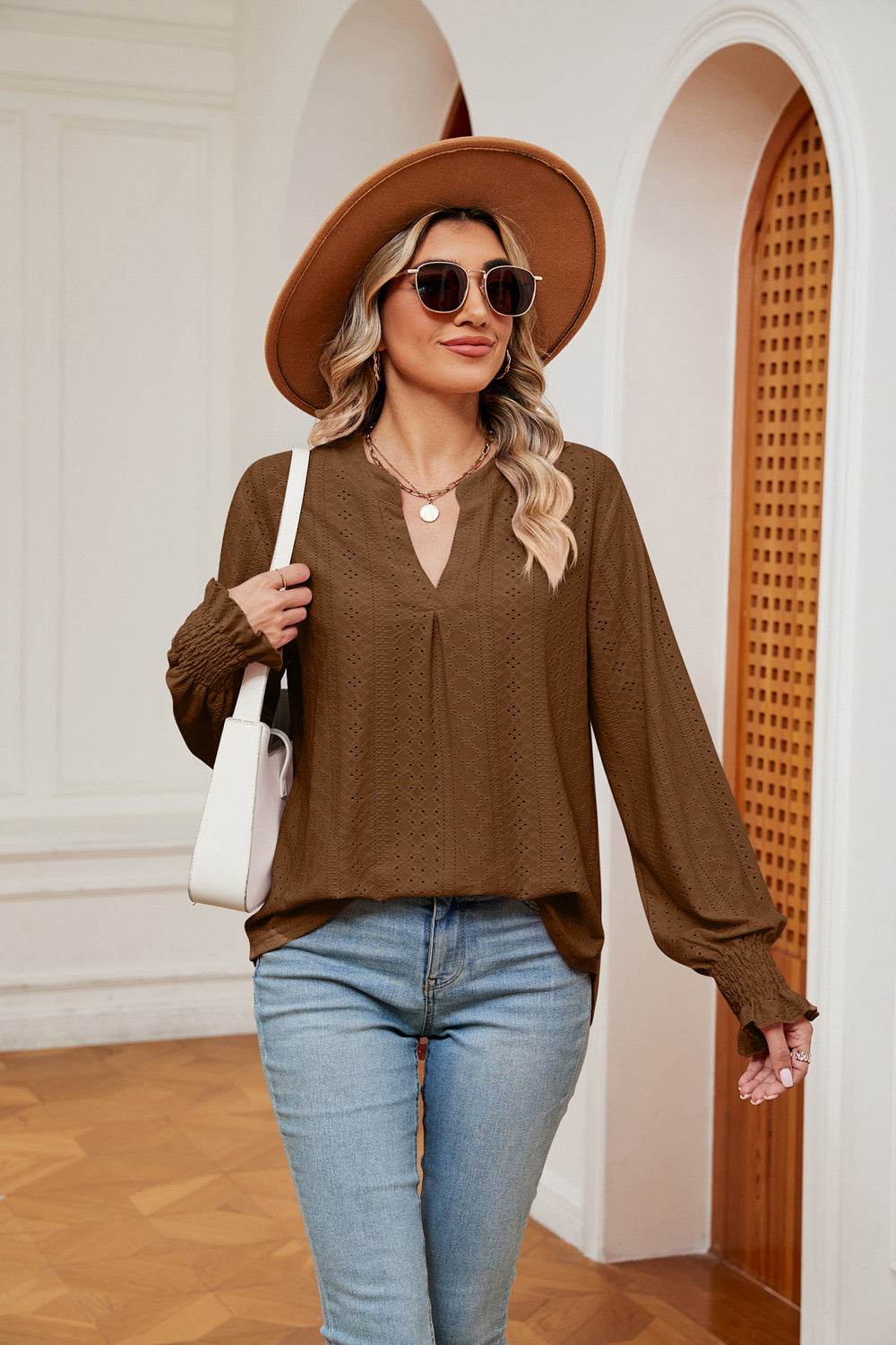 Notched Neck Flounce Sleeve Blouse Chestnut for a perfect OOTD – dress to impress outfits from Amexza