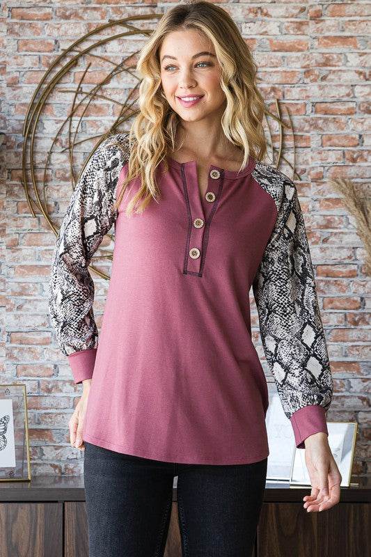 Heimish Full Size Snakeskin Print Raglan Sleeve Half Button Top for a perfect OOTD – dress to impress outfits from Amexza