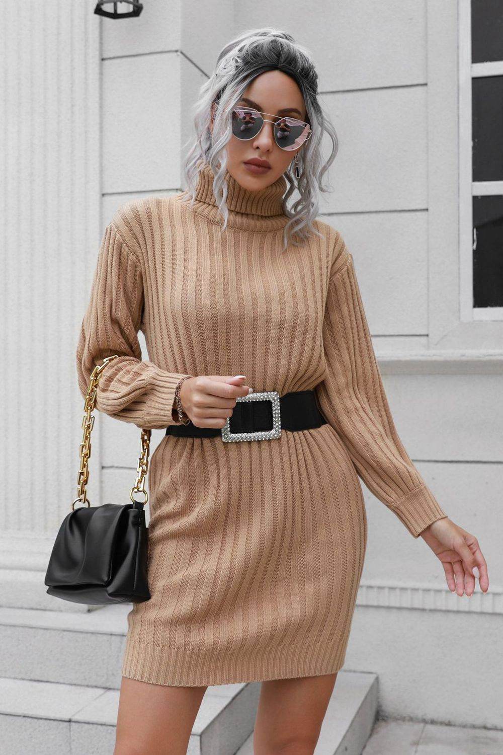 Ribbed Turtle Neck Long Sleeve Mini Sweater Dress - Amexza