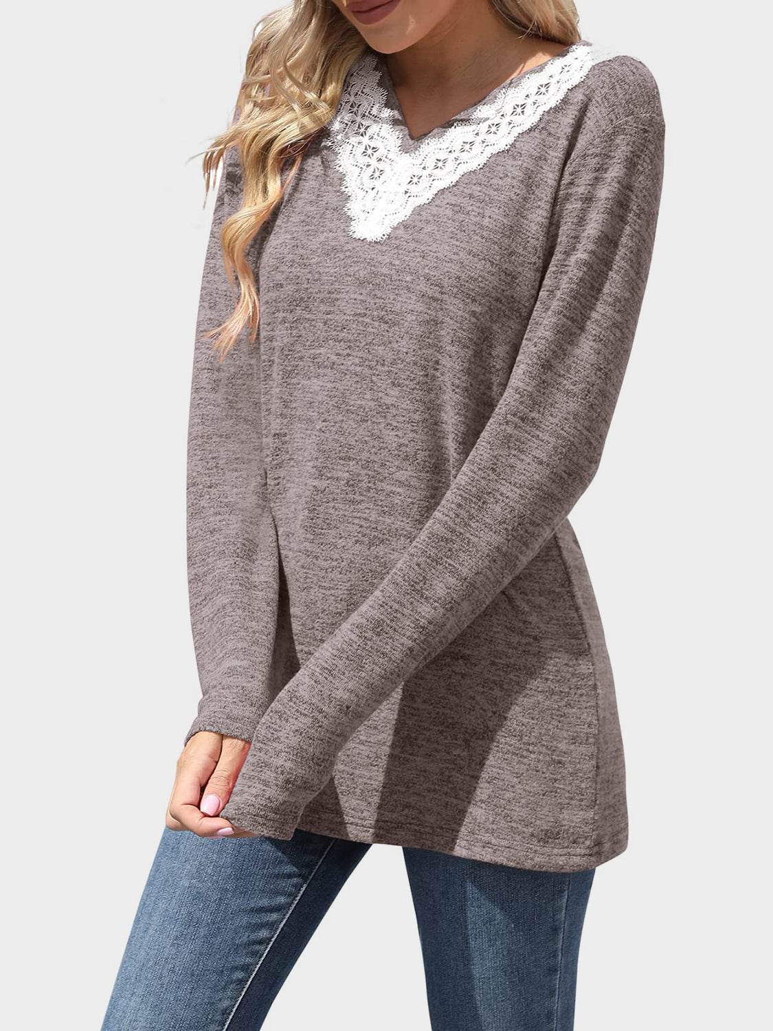 Lace Detail V-Neck Long Sleeve T-Shirt Mocha for a perfect OOTD – dress to impress outfits from Amexza