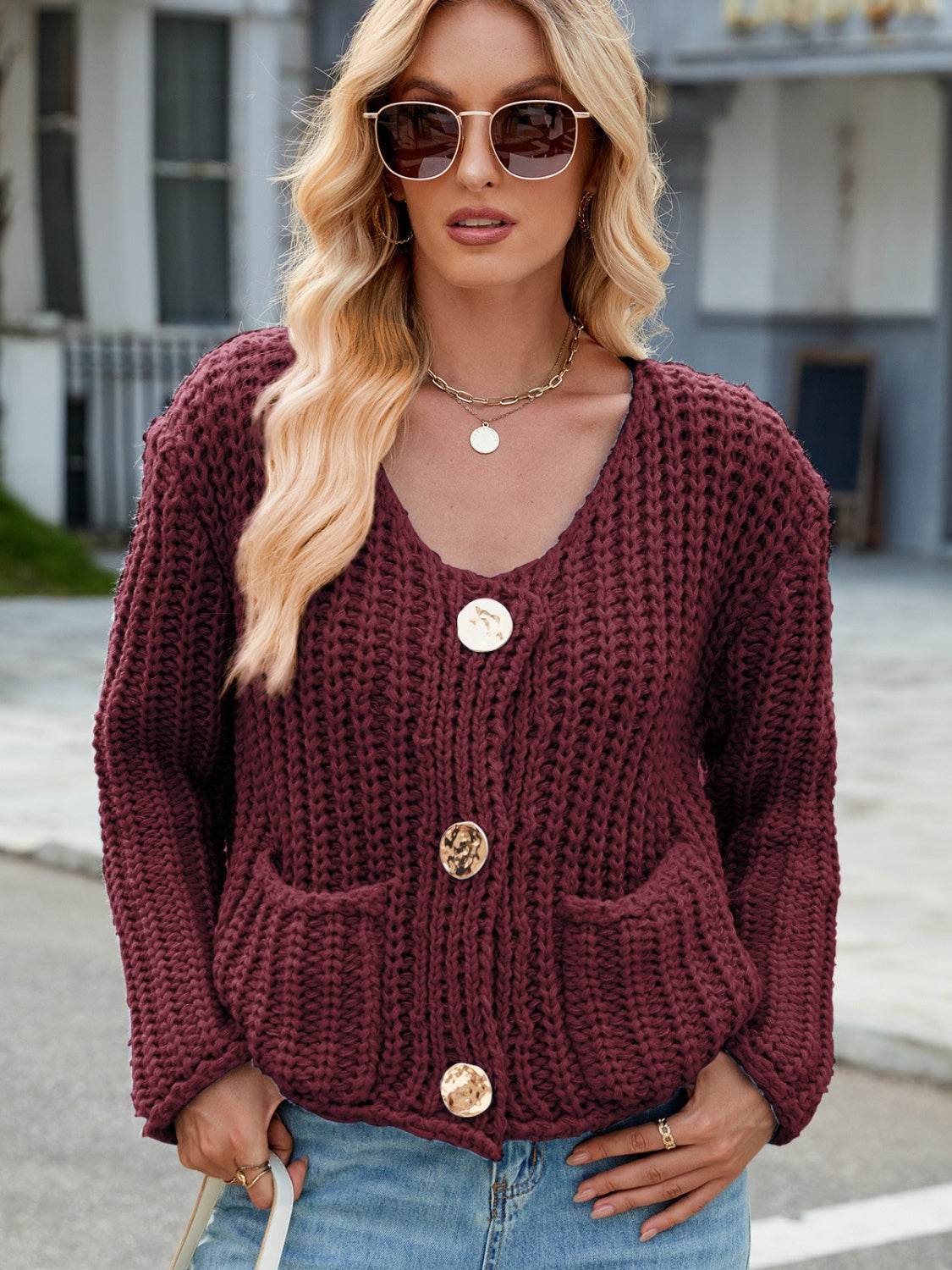 Round Neck Button Up Cardigan with Pockets - Amexza