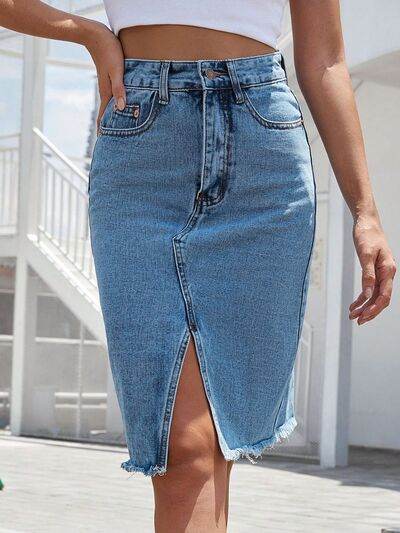 Raw Hem Slit Denim Skirt Sky Blue for a perfect OOTD – dress to impress outfits from Amexza