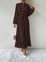 Half Button Tie Waist Long Sleeve Maxi Dress - Amexza