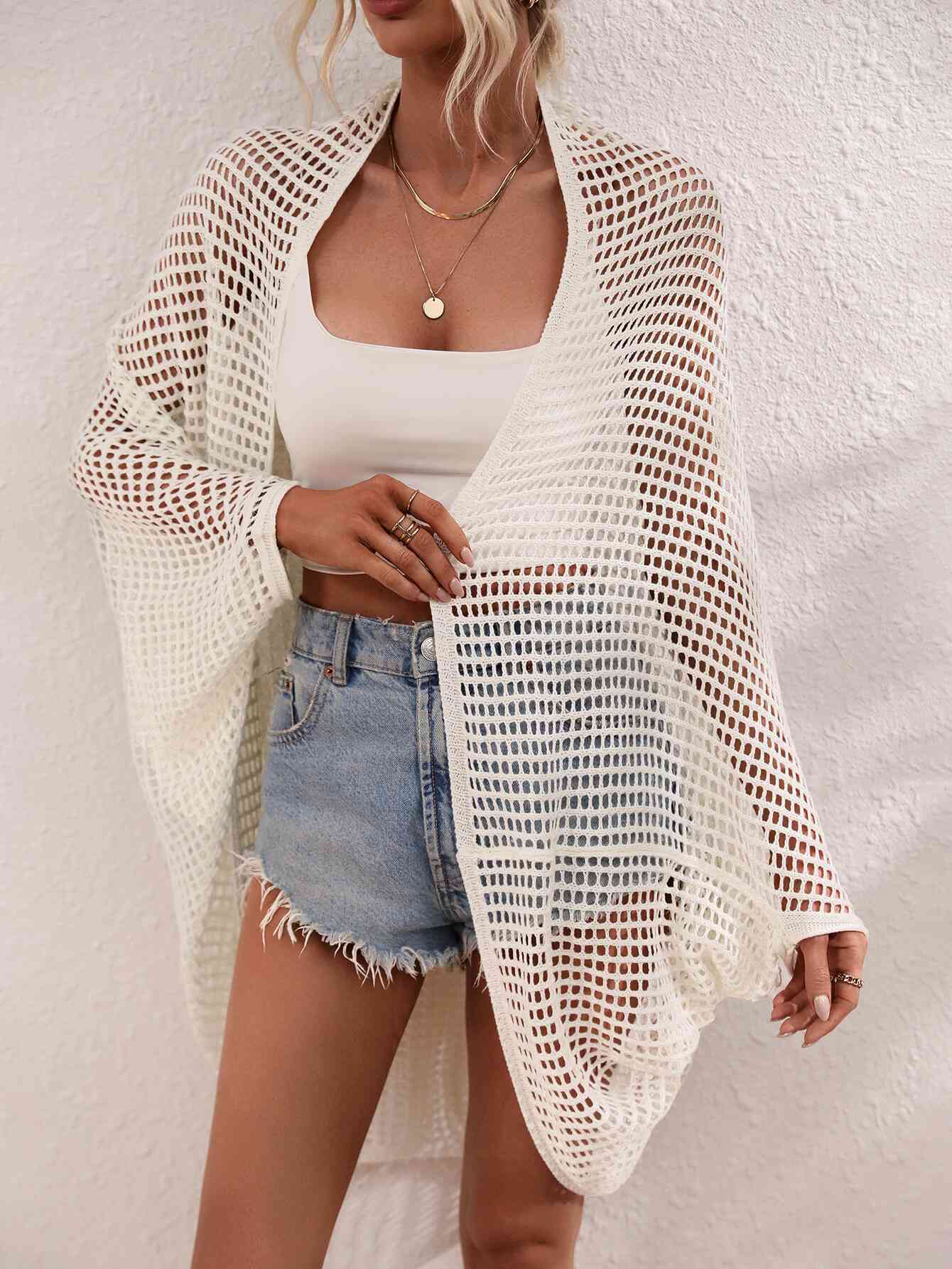 Openwork Open Front Longline Cover Up White for a perfect OOTD – dress to impress outfits from Amexza