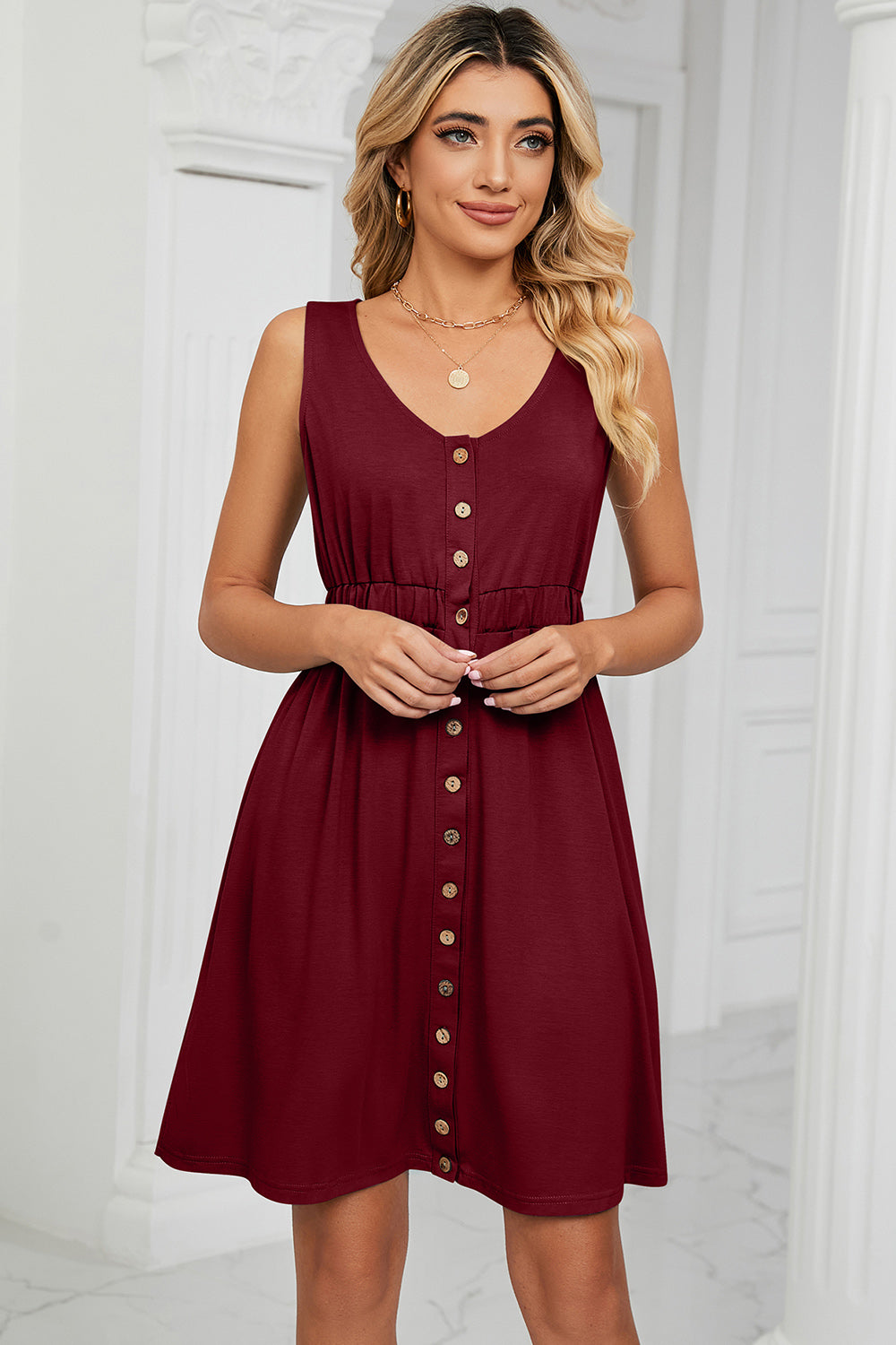 Buttoned Wide Strap Mini Dress - Burgundy / S