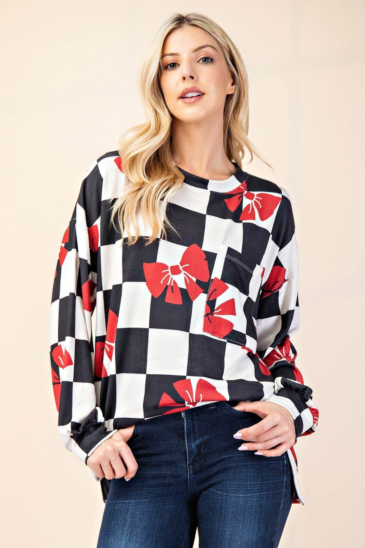 Celeste Full Size Checkered Bow Print Round Neck T-Shirt - Amexza