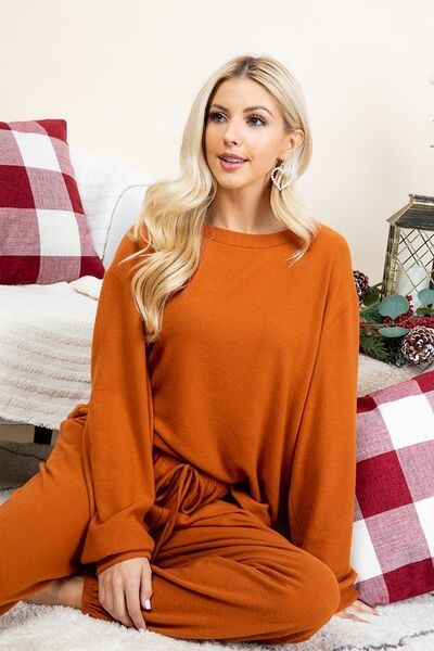 Super Lady Full Size Fuzzy Hacci Brush Round Neck Top and Pants Lounge Set for a perfect OOTD – dress to impress outfits from Amexza