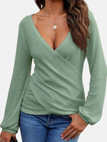 Waffle Knit Surplice Long Sleeve T-Shirt - Amexza