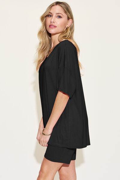 Basic Bae Bamboo Full Size V-Neck Drop Shoulder T-Shirt and Shorts Set for a perfect OOTD – dress to impress outfits from Amexza