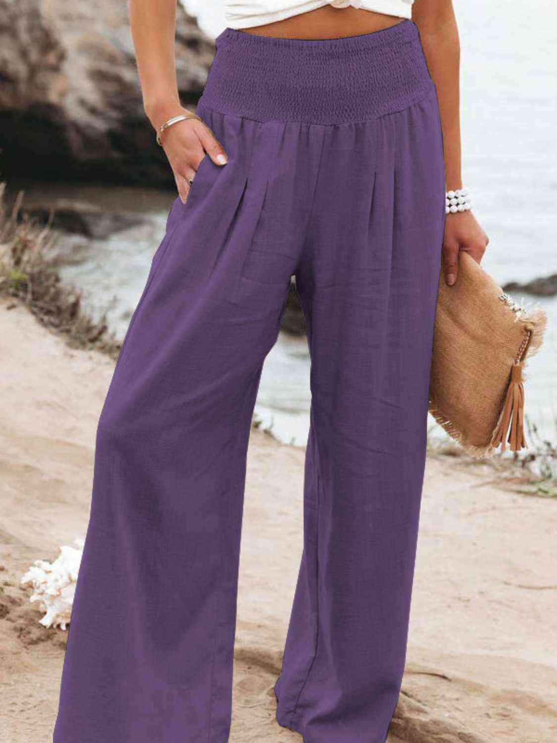 Full Size Smocked Waist Wide Leg Pants Vivid Violet for a perfect OOTD – dress to impress outfits from Amexza