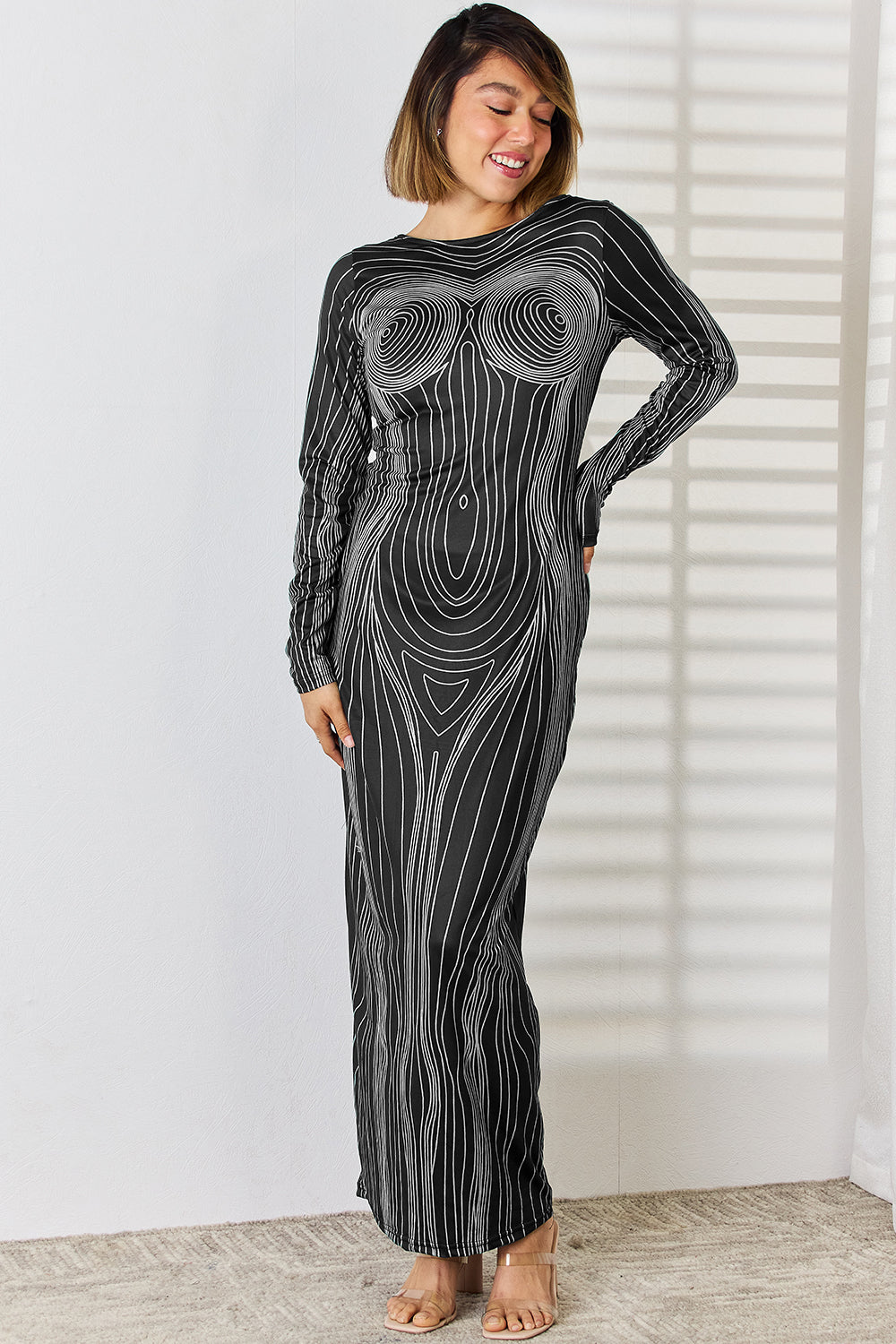 Cutout Round Neck Long Sleeve Maxi Dress - Dark Gray / S