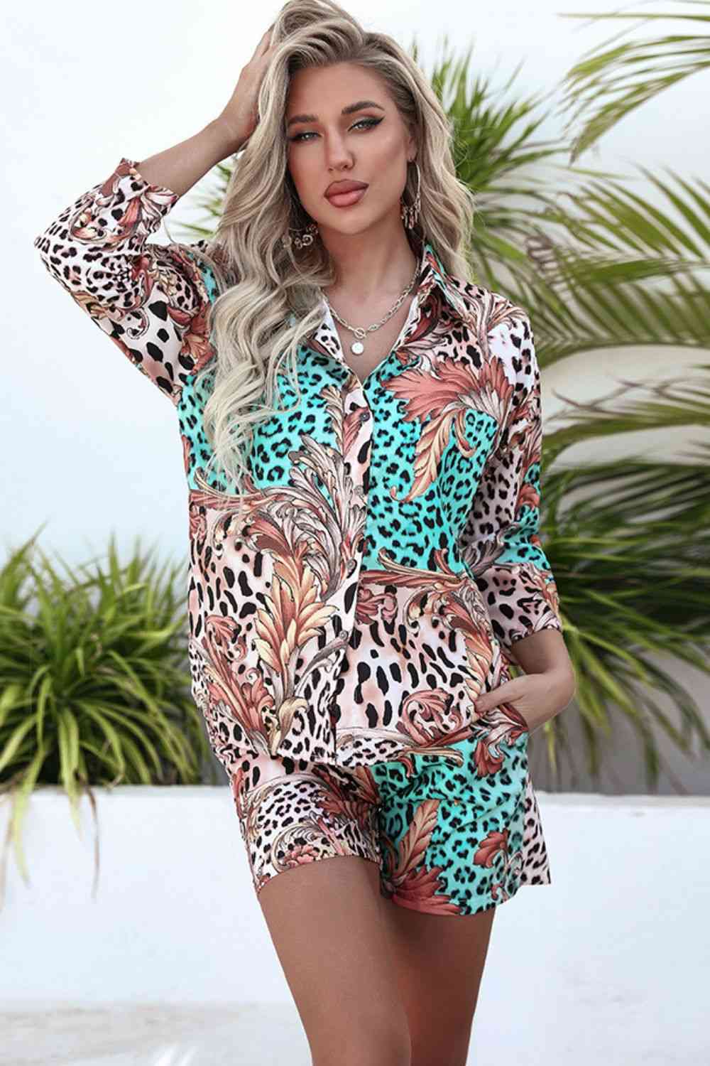 Three-Quarter Sleeve Shirt and Shorts Set Leopard for a perfect OOTD – dress to impress outfits from Amexza