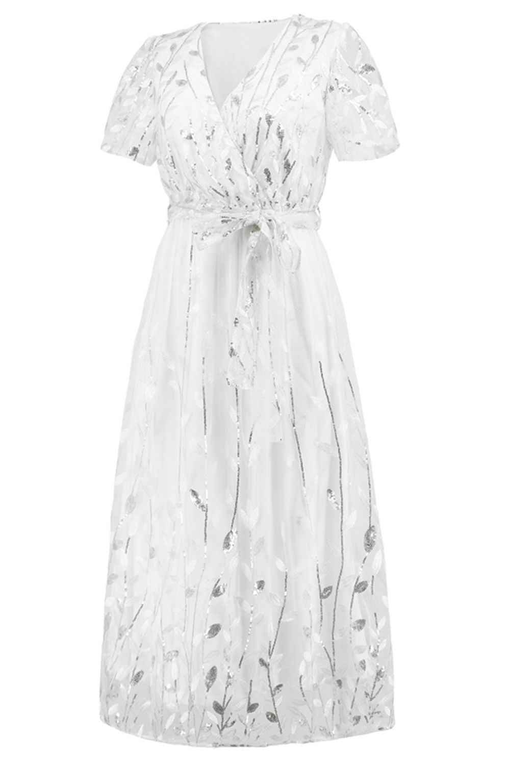 Sequin Leaf Embroidery Tie Front Short Sleeve Dress for a perfect OOTD – dress to impress outfits from Amexza