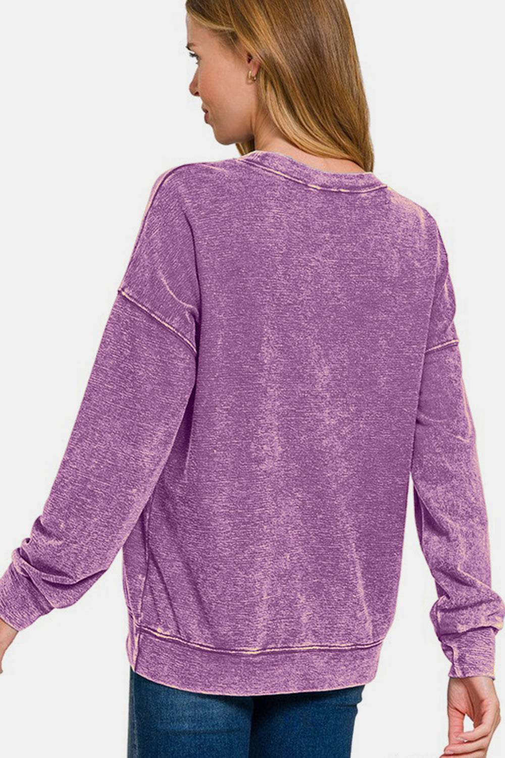 Zenana Washed Round Neck Dropped Shoulder Sweatshirt - Amexza