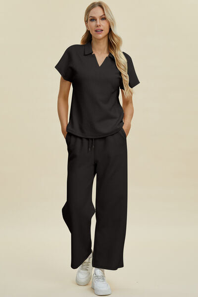 Double Take Full Size Collared Neck Short Sleeve Top and Pants Set Black for a perfect OOTD – dress to impress outfits from Amexza