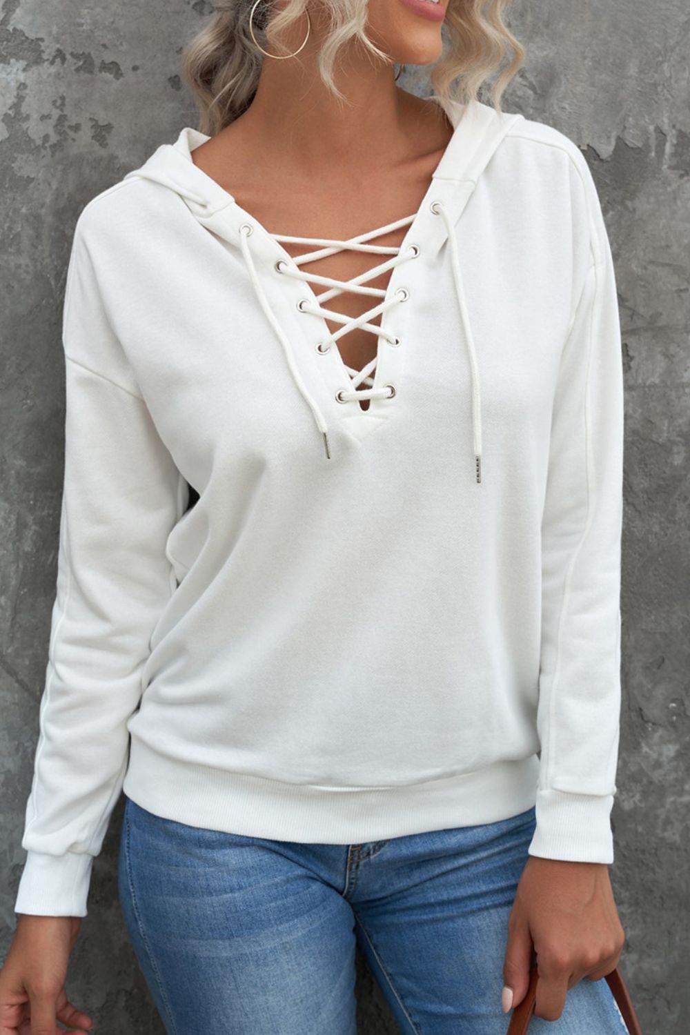 Lace Up Long Sleeve Hoodie - Amexza