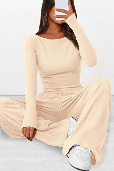 Round Neck Long Sleeve Top and Pants Set - Amexza